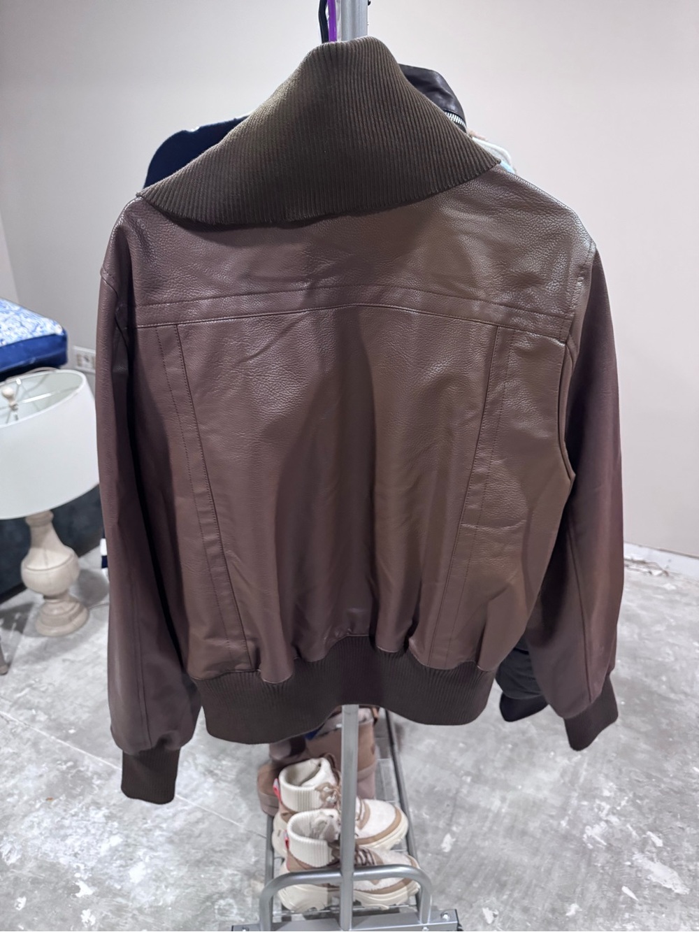 Brown Women's ther Faux Leather Bomber Jacket - Picture 4 of 4